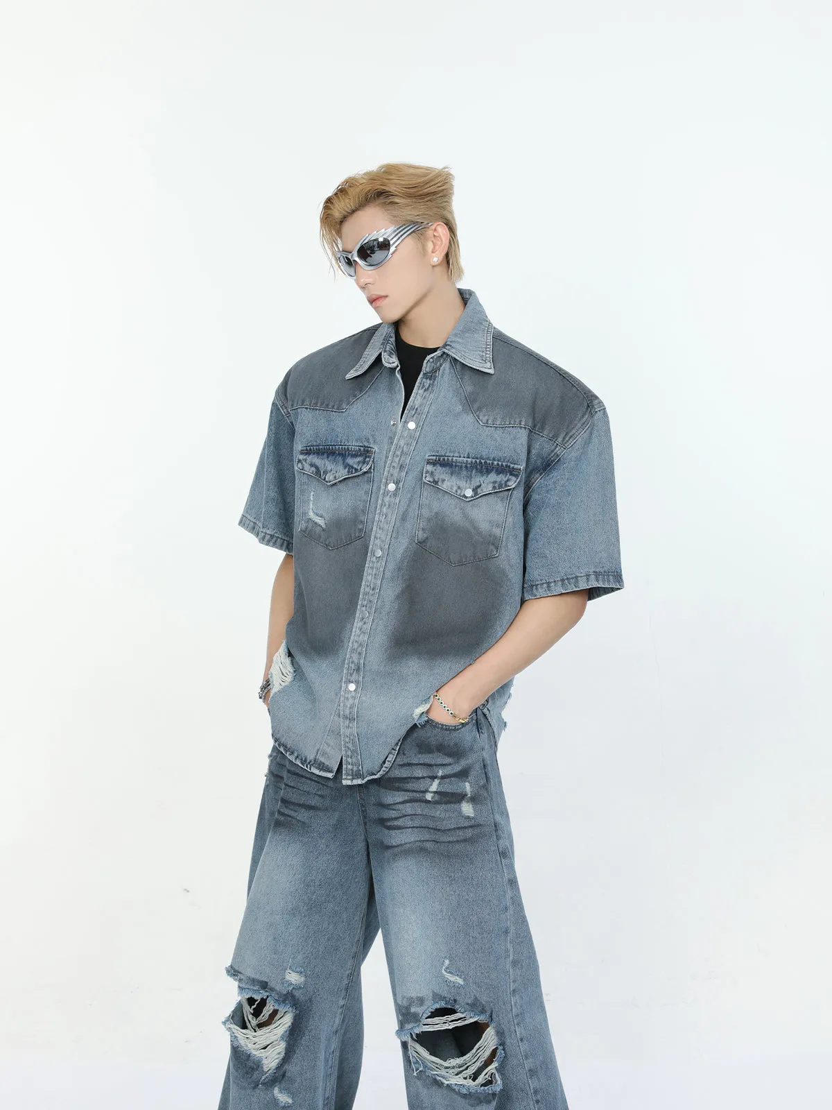 【24s June.】Vintage Dirty Dyed Hole Deconstructed Shirt   Jeans