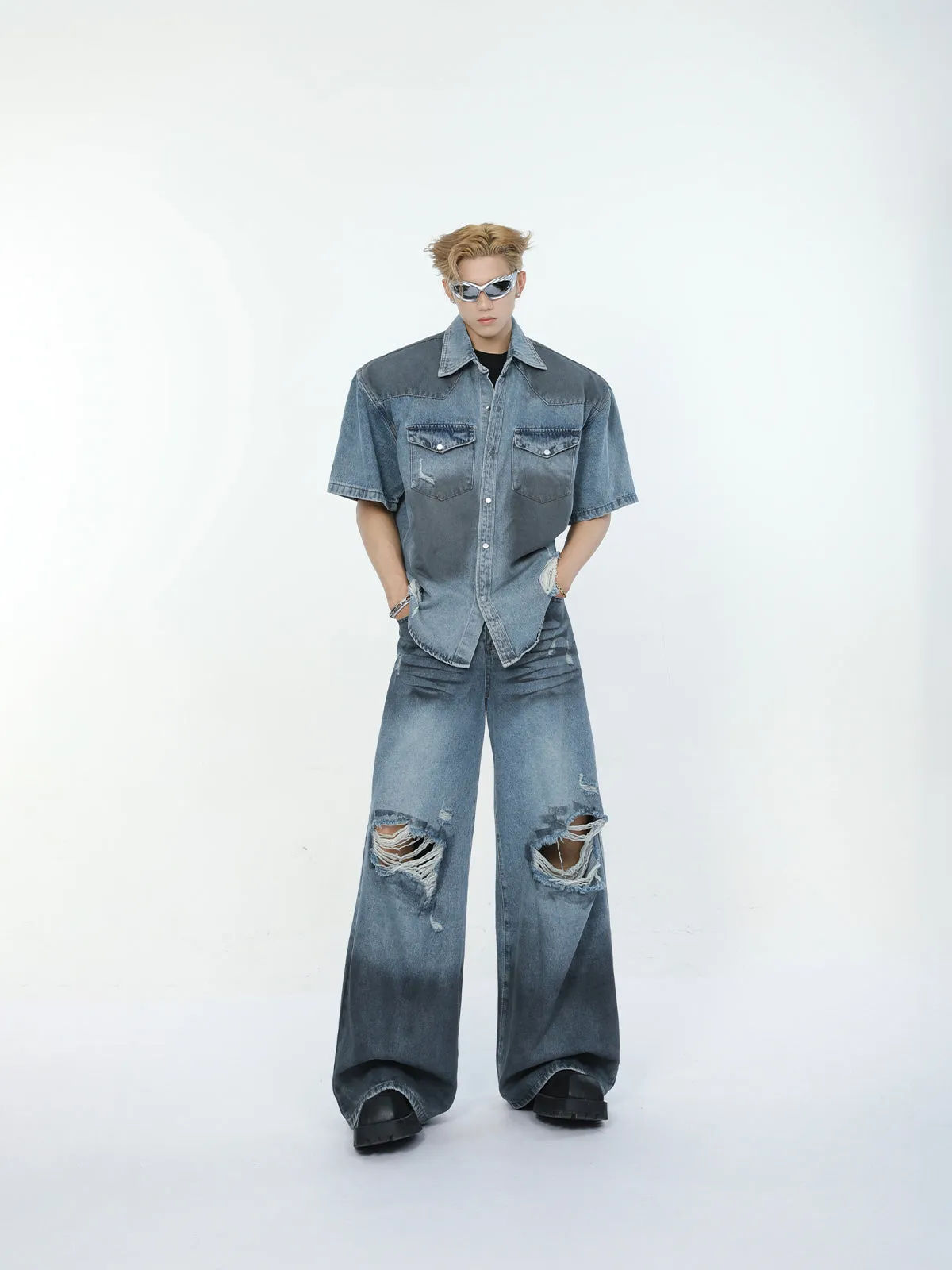 【24s June.】Vintage Dirty Dyed Hole Deconstructed Shirt   Jeans