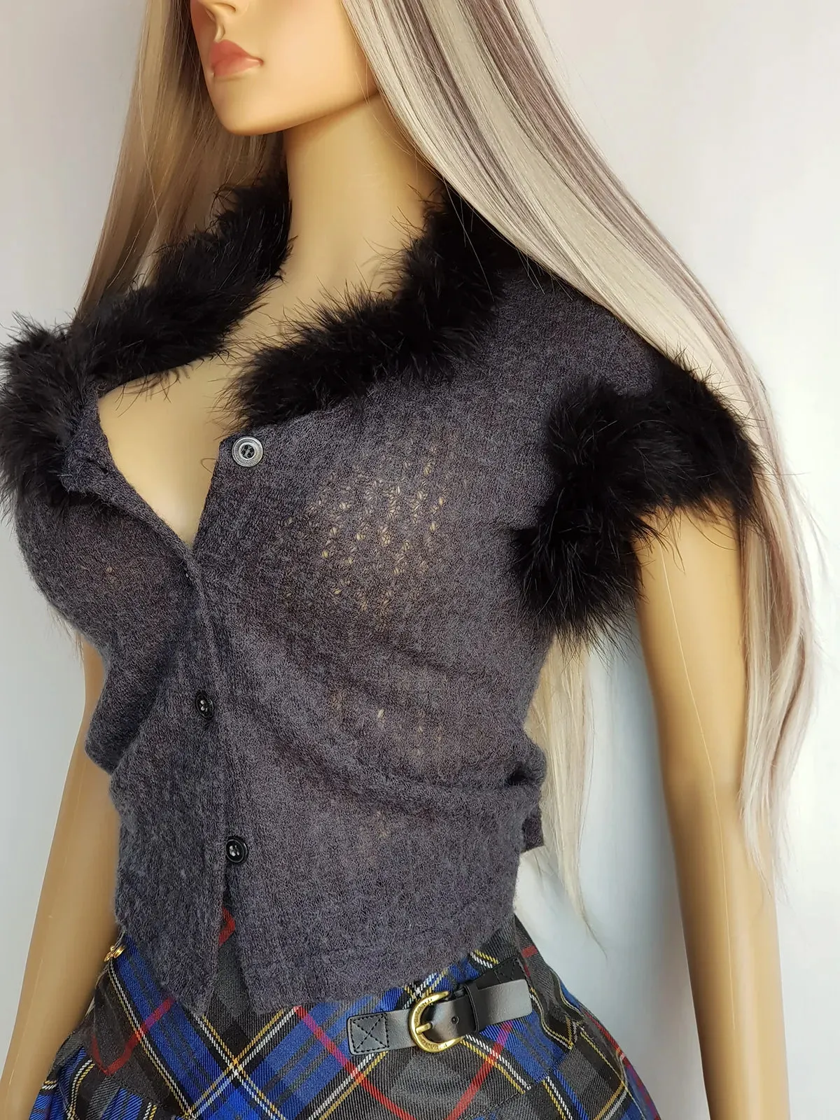 90s Perfect Gunmetal Grey Knit Top with Ostrich feather Collar and Sleeves - Ultra Sexy - Button Front & Wear open or closed