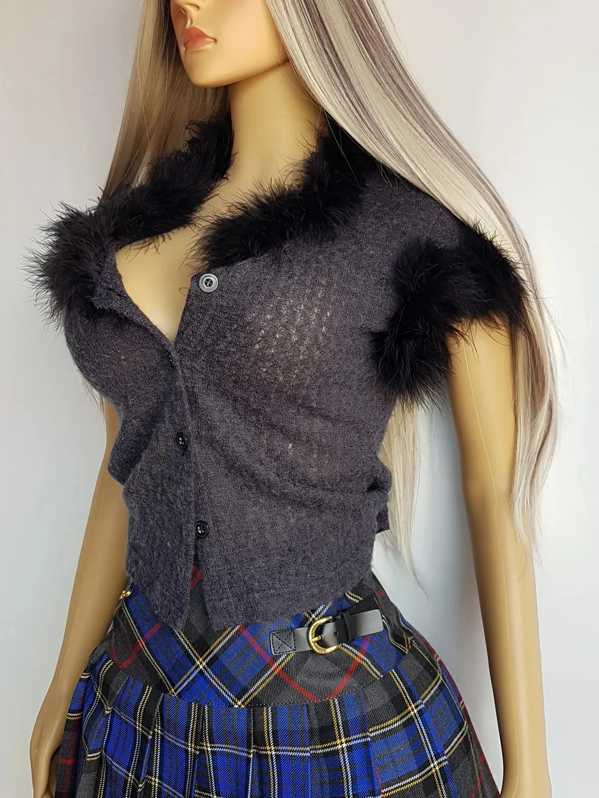 90s Perfect Gunmetal Grey Knit Top with Ostrich feather Collar and Sleeves - Ultra Sexy - Button Front & Wear open or closed