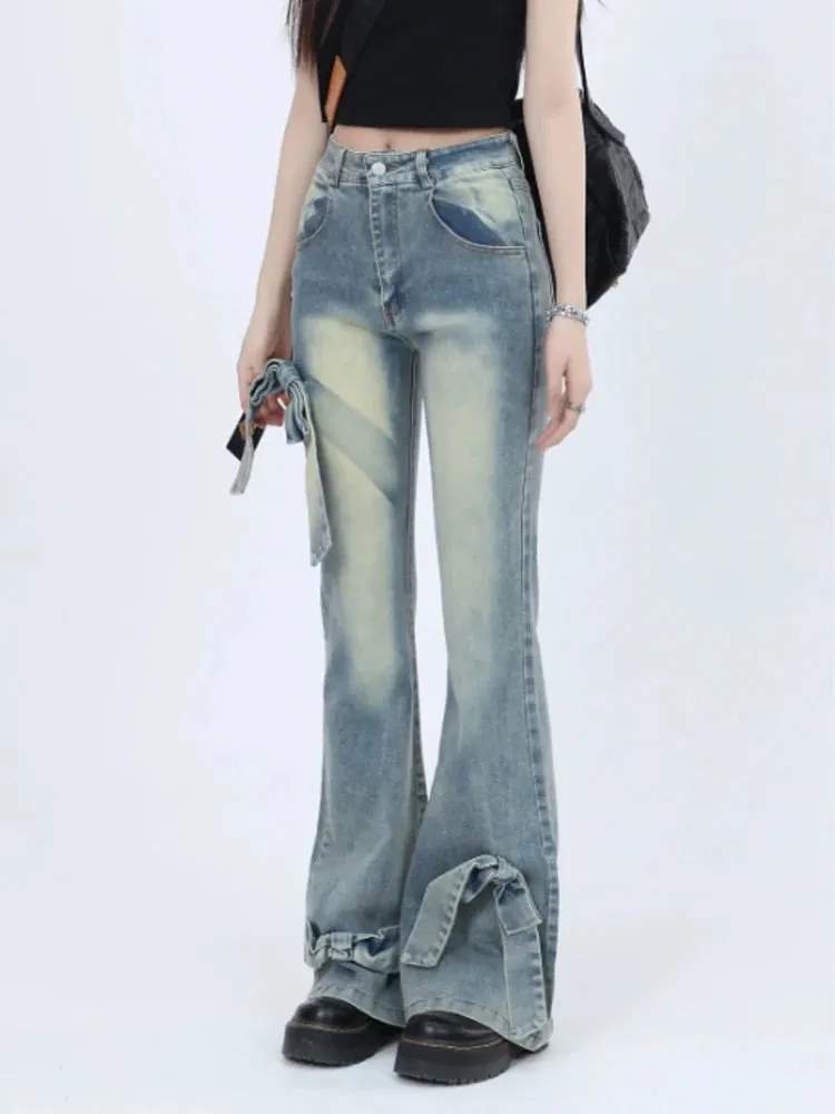 Aiertu Women's Blue Bow Flare Jeans Harajuku 90s Aesthetic Streetwear Baggy Denim Trousers Y2k Jean Pants Vintage 2000s Trashy Clothes