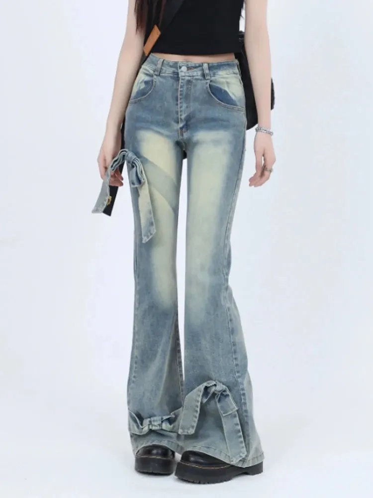 Aiertu Women's Blue Bow Flare Jeans Harajuku 90s Aesthetic Streetwear Baggy Denim Trousers Y2k Jean Pants Vintage 2000s Trashy Clothes