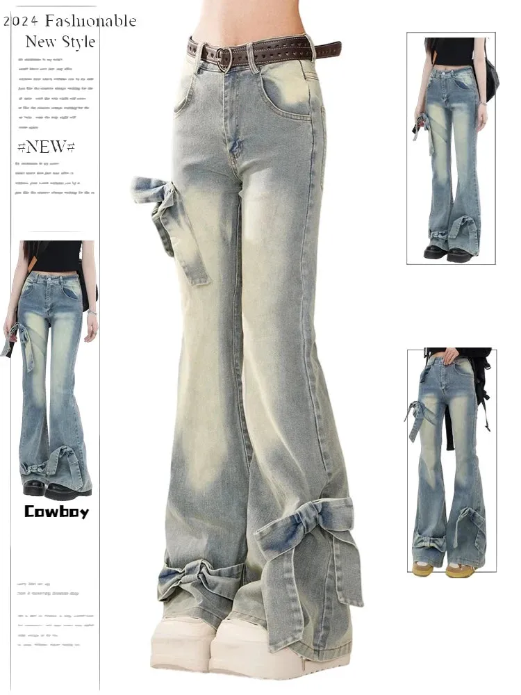 Aiertu Women's Blue Bow Flare Jeans Harajuku 90s Aesthetic Streetwear Baggy Denim Trousers Y2k Jean Pants Vintage 2000s Trashy Clothes