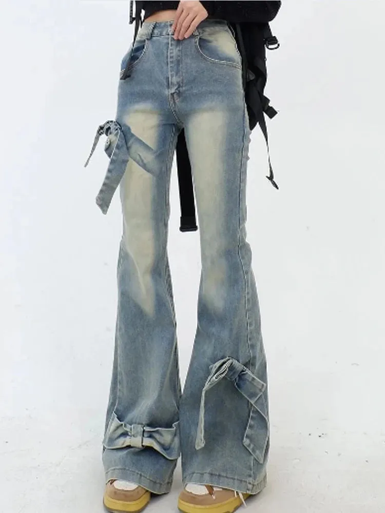 Aiertu Women's Blue Bow Flare Jeans Harajuku 90s Aesthetic Streetwear Baggy Denim Trousers Y2k Jean Pants Vintage 2000s Trashy Clothes