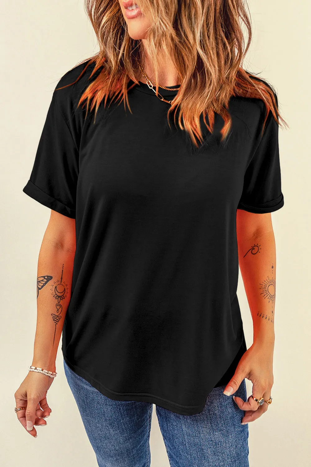 Black Casual Plain Crew Neck Tee