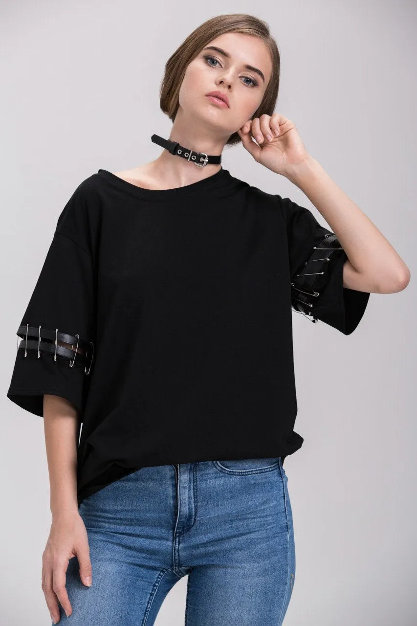 Black Oversized Pin Shoulder Detail Top