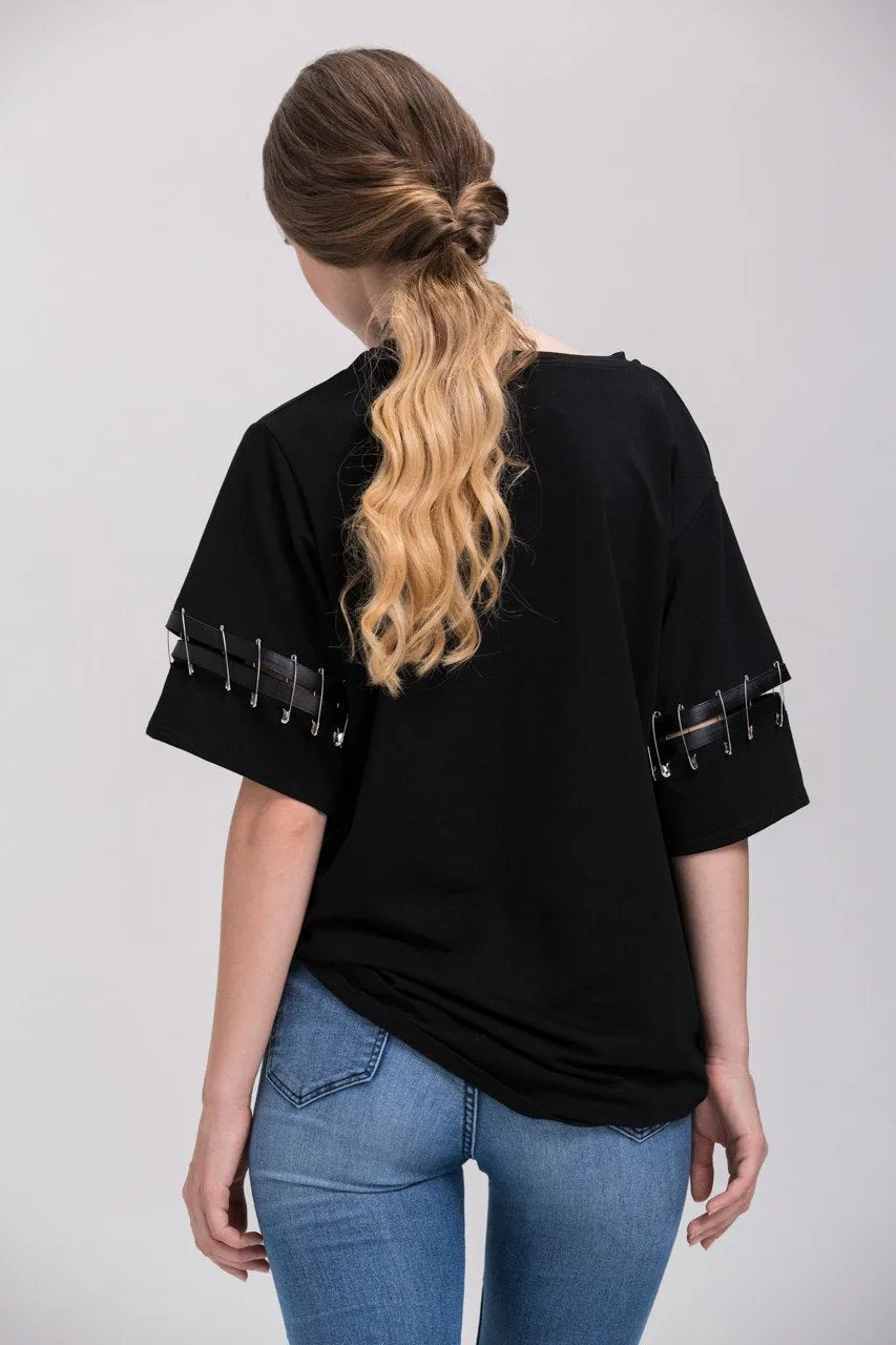 Black Oversized Pin Shoulder Detail Top