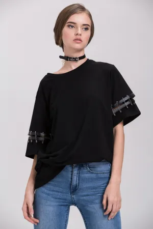 Black Oversized Pin Shoulder Detail Top