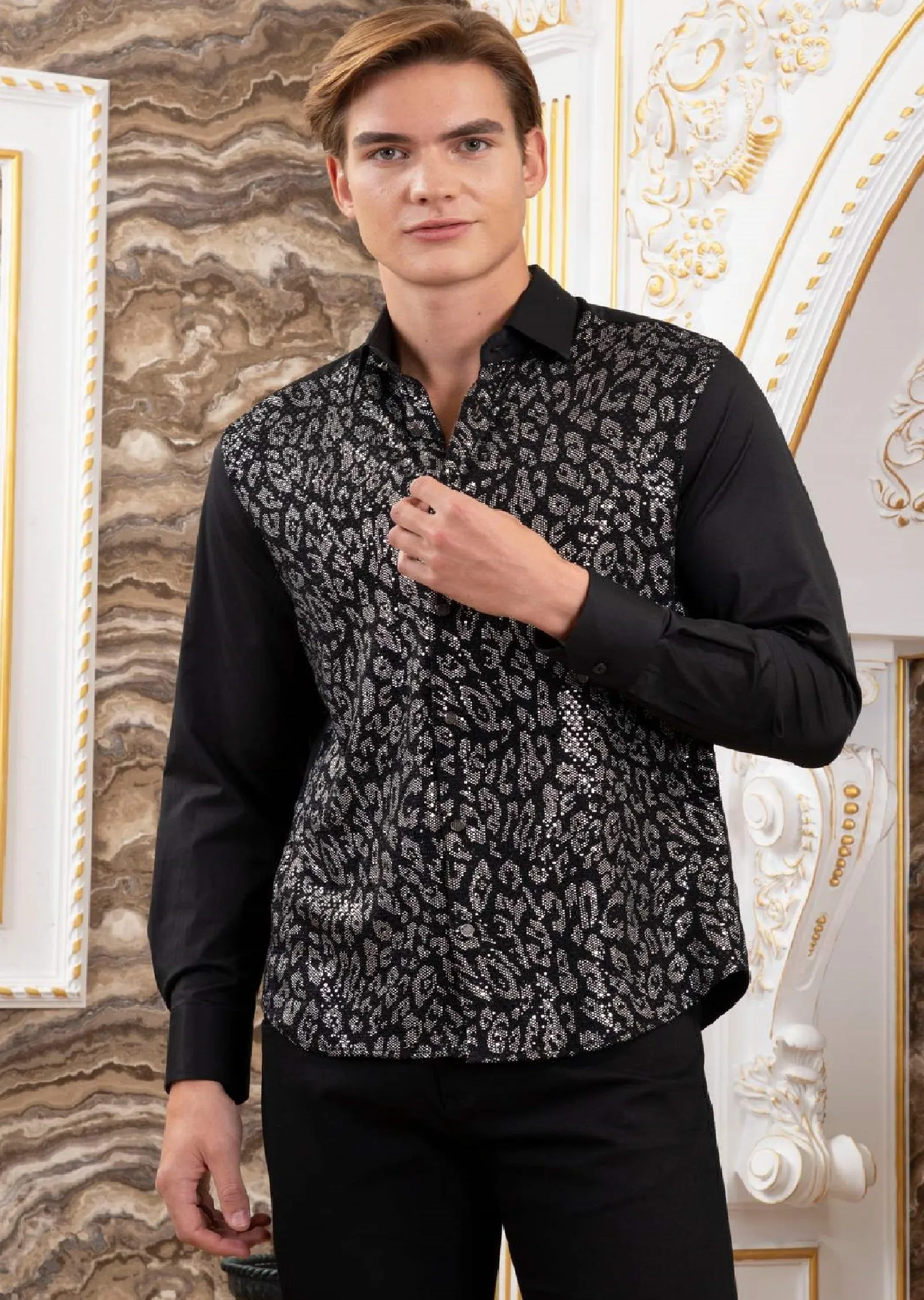 Black Silver Leopard Sequin Shirt