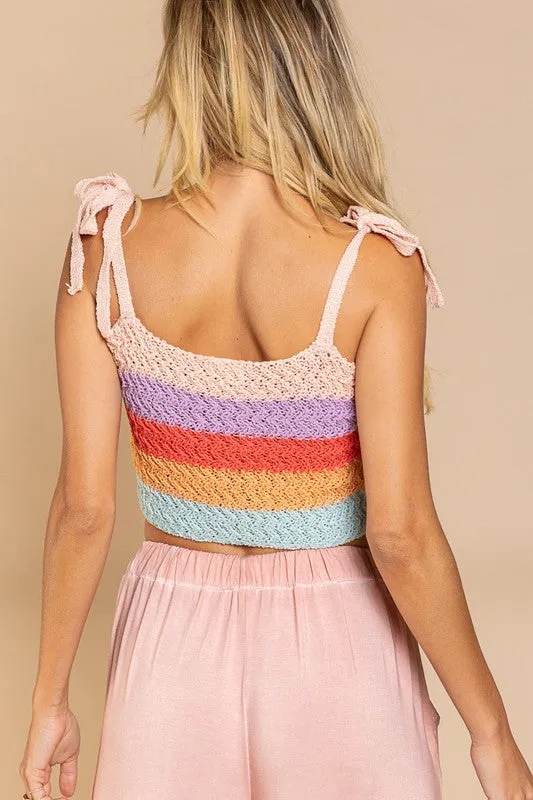 Bohemian Stripe Tie Shoulder Sweater Crop Tank Top