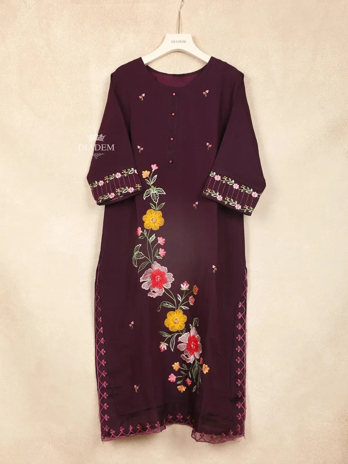 Burgundy Straight Cut Salwar Suit Adorned with Embroidery Floral Design with Dupatta