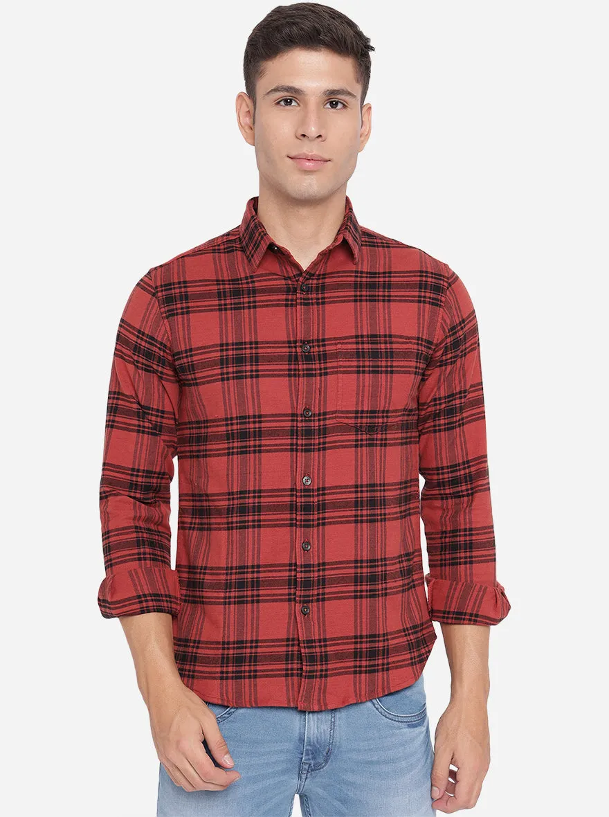 Burn Red Checked Slim Fit Semi Casual Shirt | Greenfibre