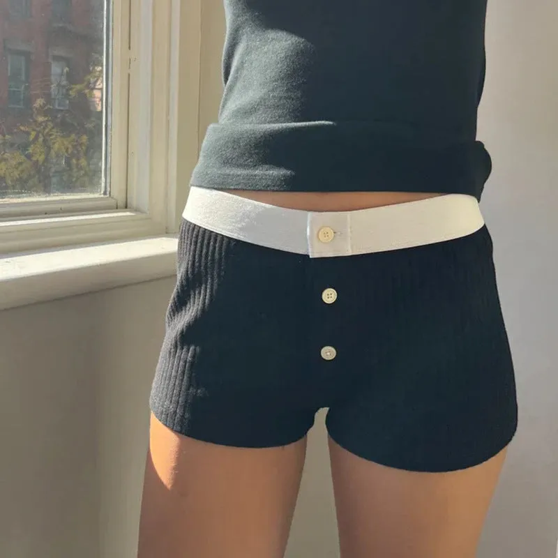 Button-Front Ribbed Knit Shorts