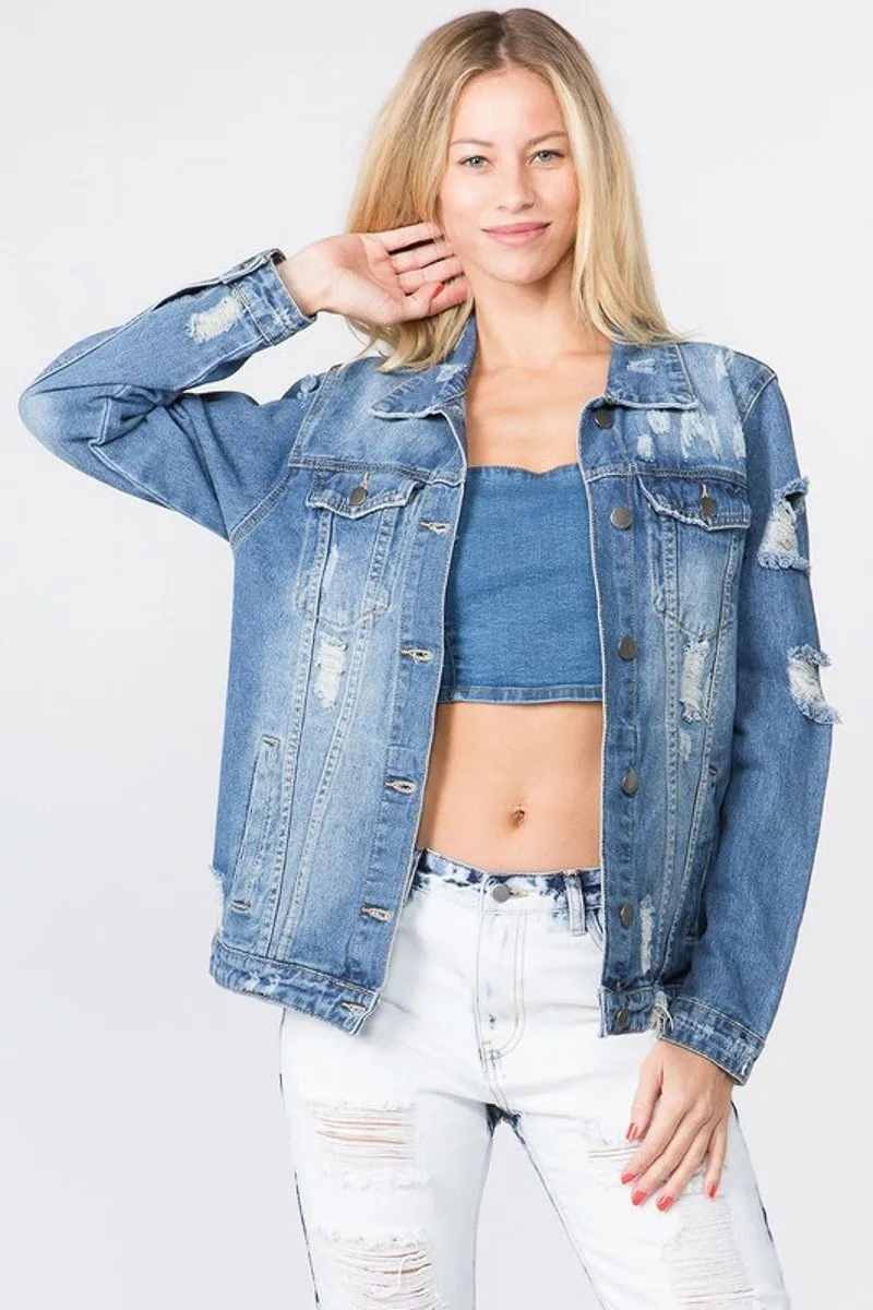 Carey Letter Patched Dark Blue Distressed Denim Jacket