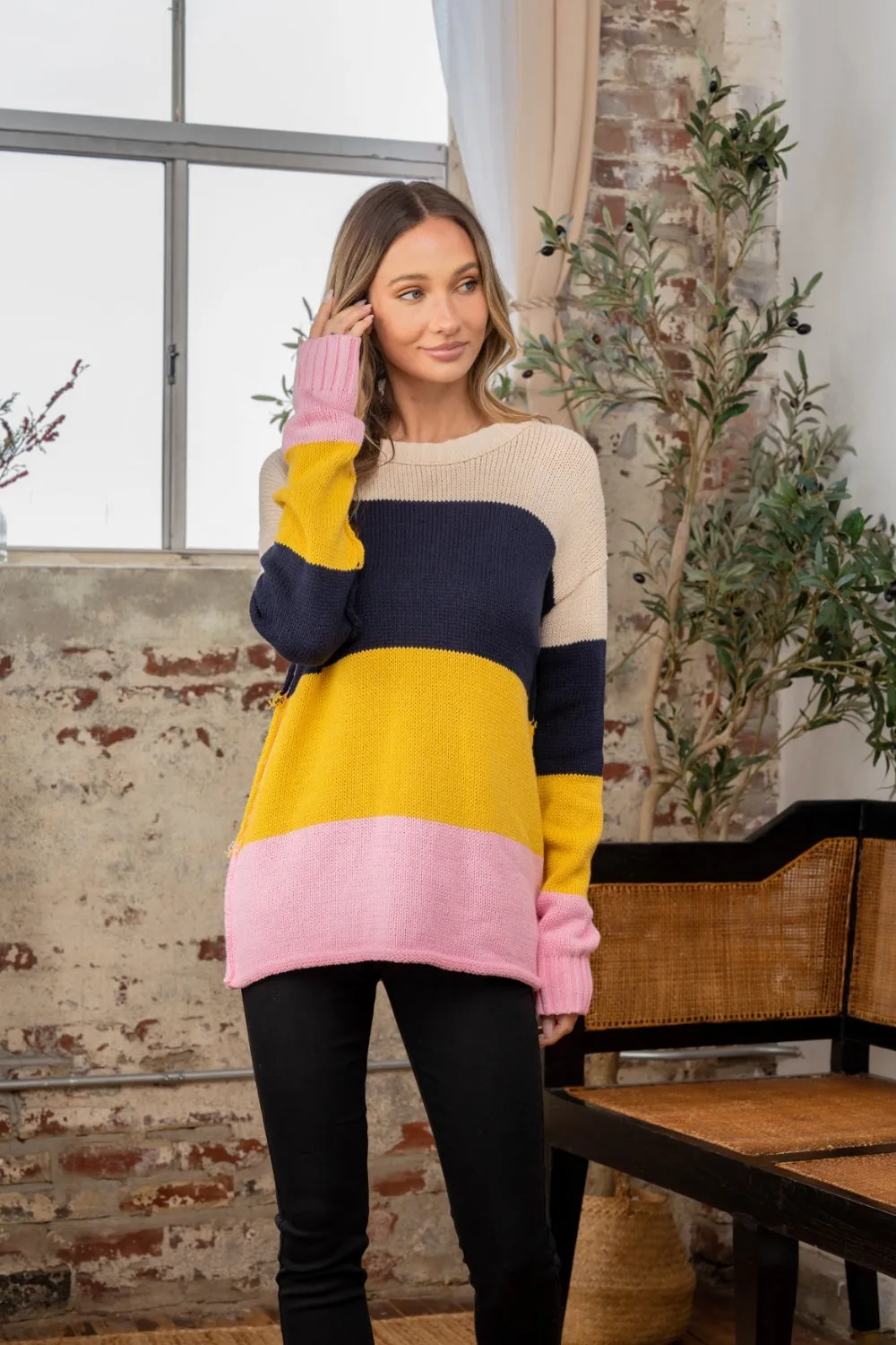 Color Block Exposed Seam Navy/Blush Sweater