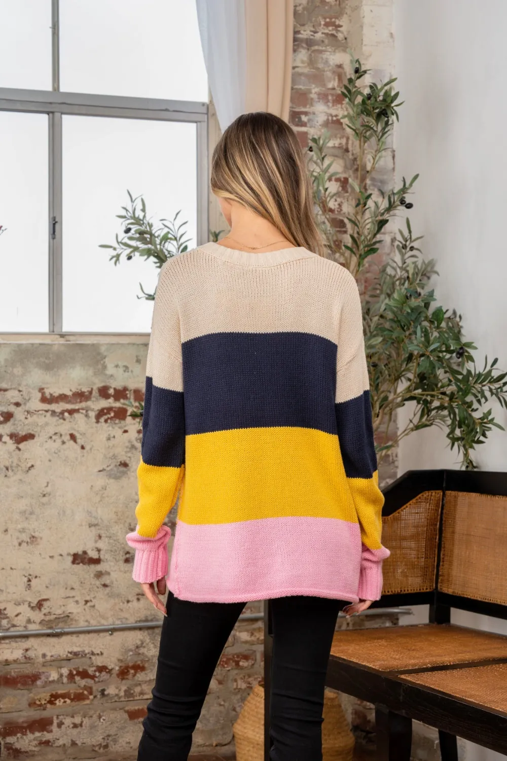 Color Block Exposed Seam Navy/Blush Sweater