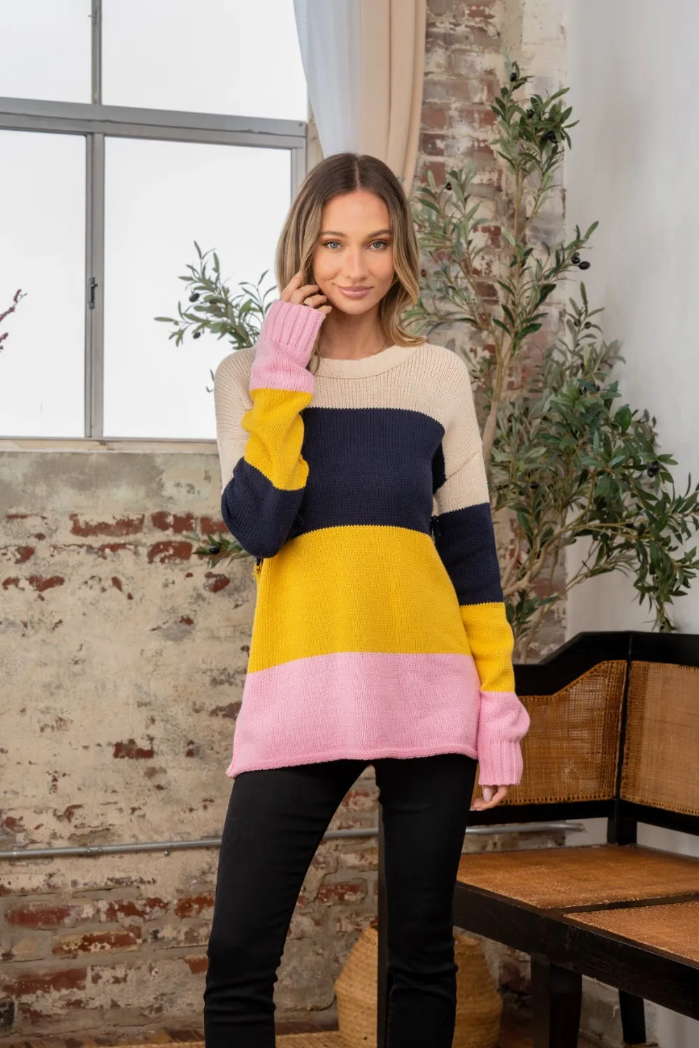 Color Block Exposed Seam Navy/Blush Sweater