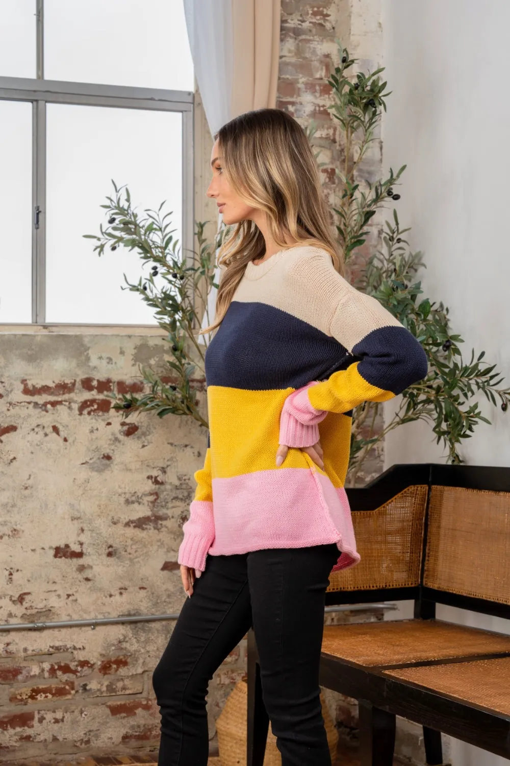 Color Block Exposed Seam Navy/Blush Sweater