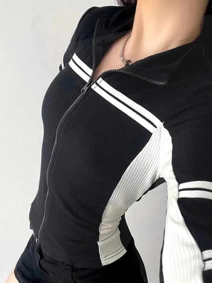 Contrast Color Splice Zipper Collar Neck Long Sleeve Knit