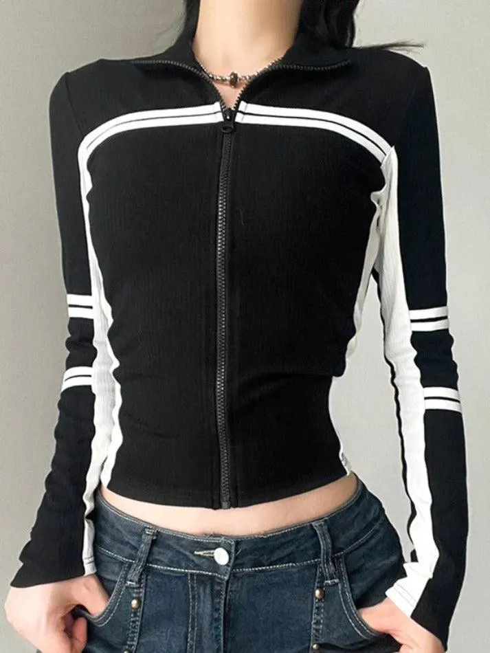 Contrast Color Splice Zipper Collar Neck Long Sleeve Knit