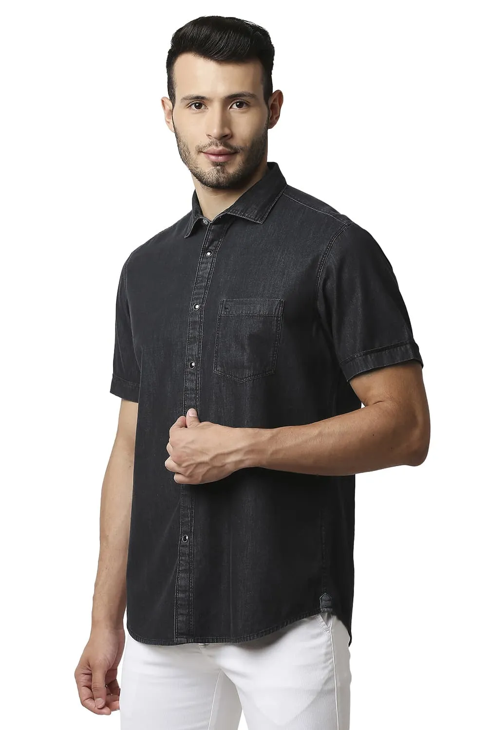 Cotton Polyester Indigo Printed Halfsleeves Shirt