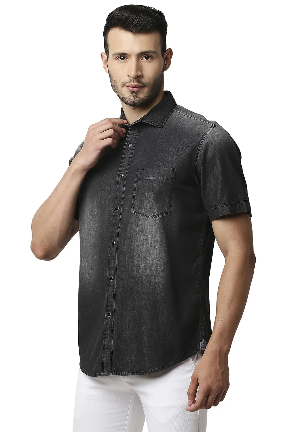 Cotton Polyester Indigo Printed Halfsleeves Shirt