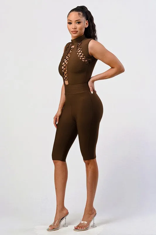 Cross My Heart Bandage Romper - Brown