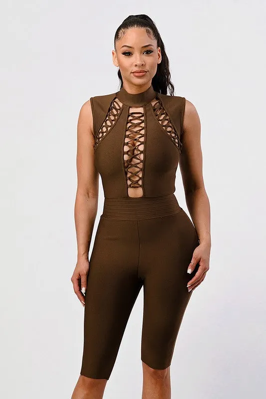 Cross My Heart Bandage Romper - Brown