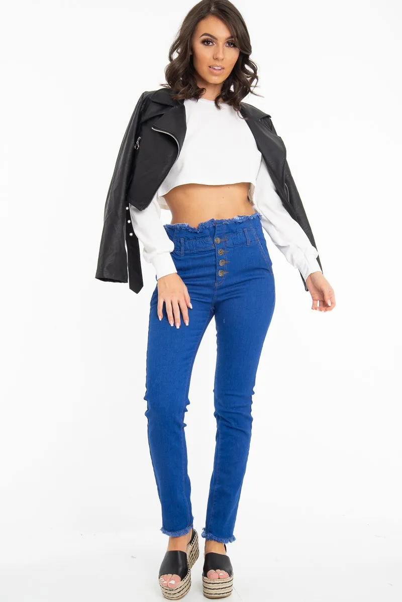 Dark Denim High Waist Frilled Hem Paperbag Jeans - Cataleyah