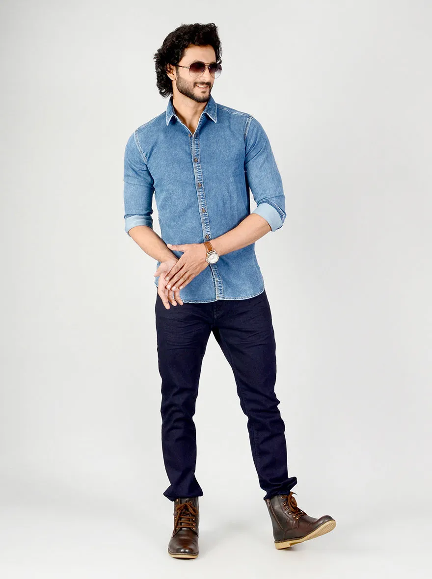 Denim Blue Solid Slim Fit Casual Shirt | JadeBlue