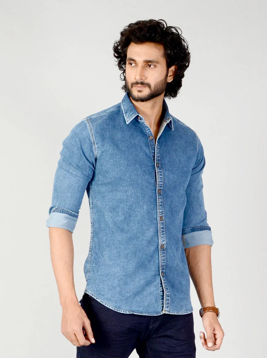 Denim Blue Solid Slim Fit Casual Shirt | JadeBlue