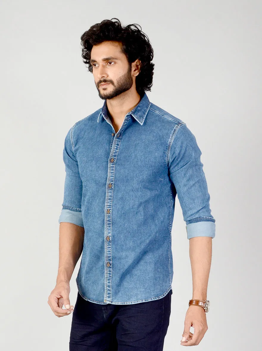 Denim Blue Solid Slim Fit Casual Shirt | JadeBlue