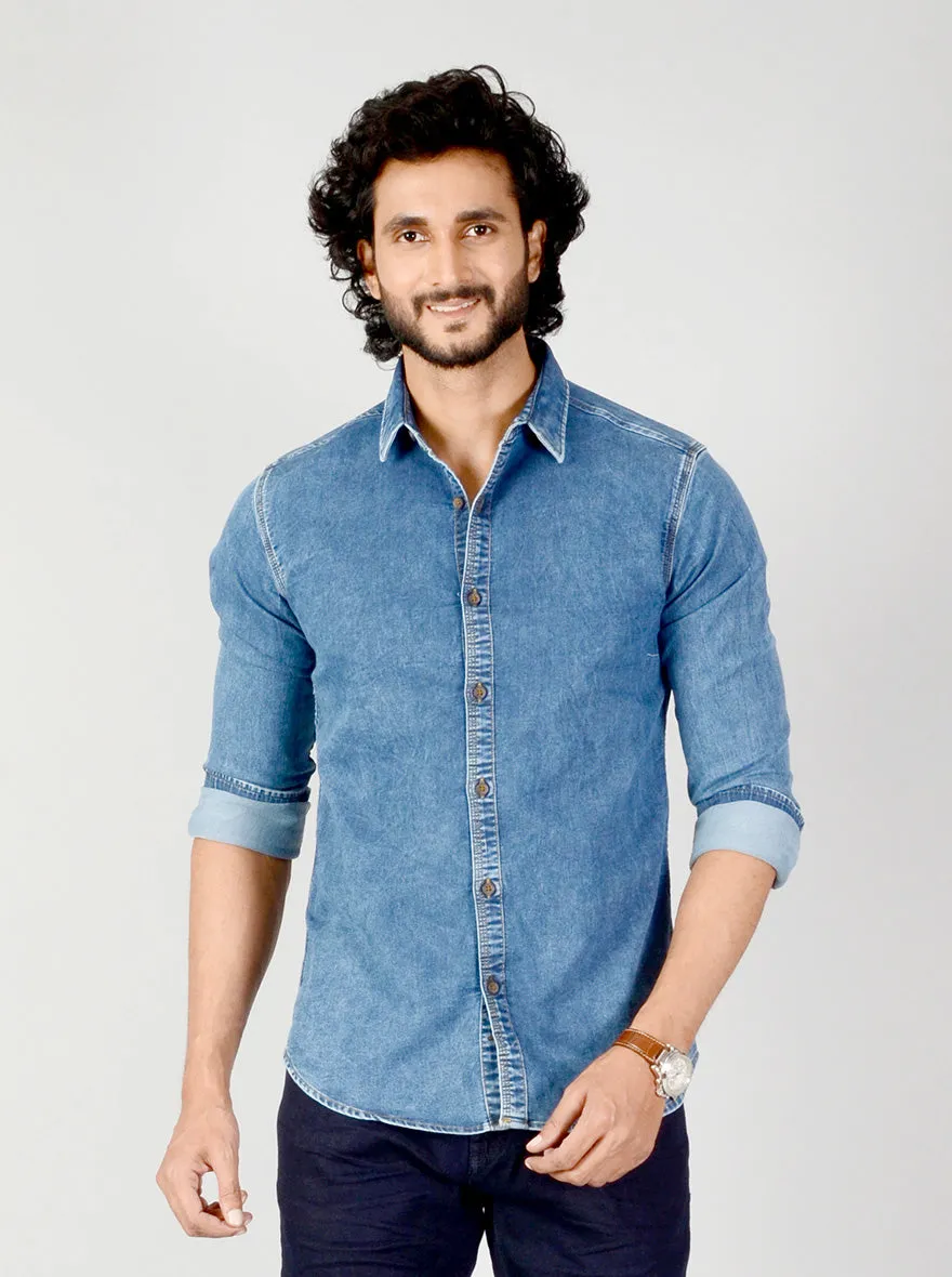 Denim Blue Solid Slim Fit Casual Shirt | JadeBlue