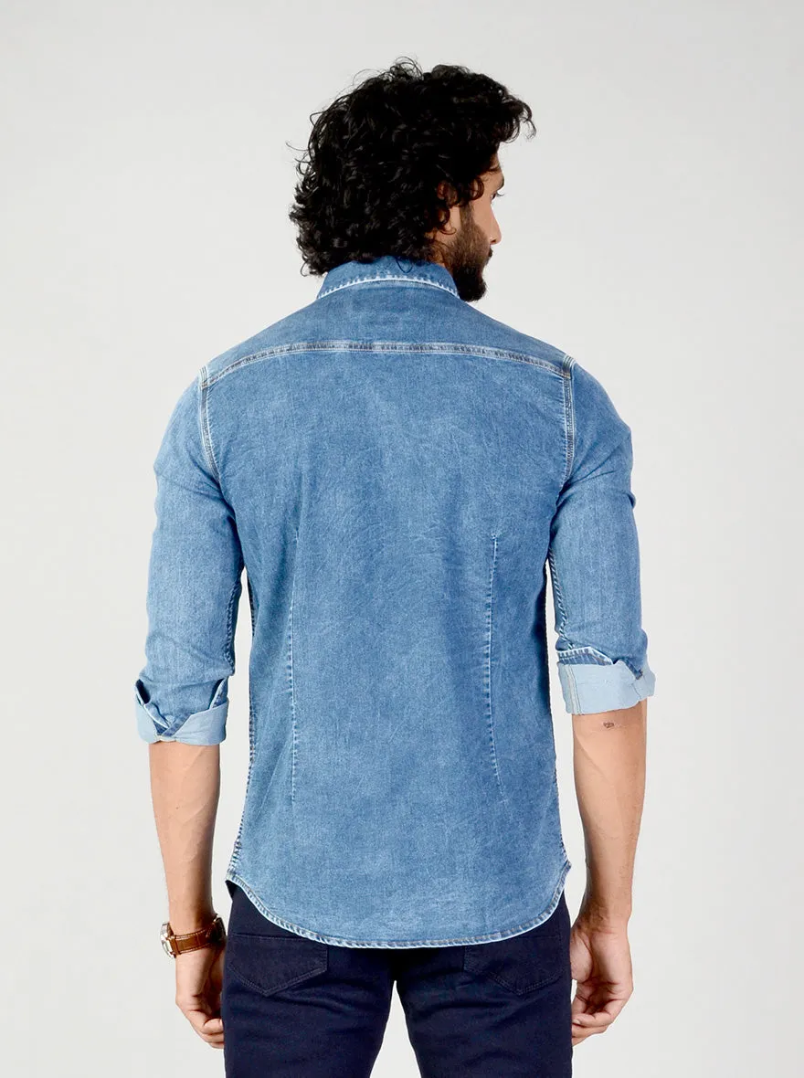 Denim Blue Solid Slim Fit Casual Shirt | JadeBlue