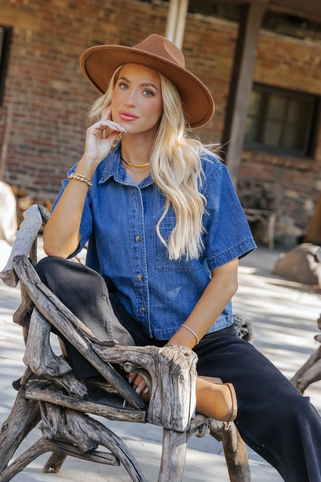 Denim Short Sleeve Button Up Shirt - FINAL SALE