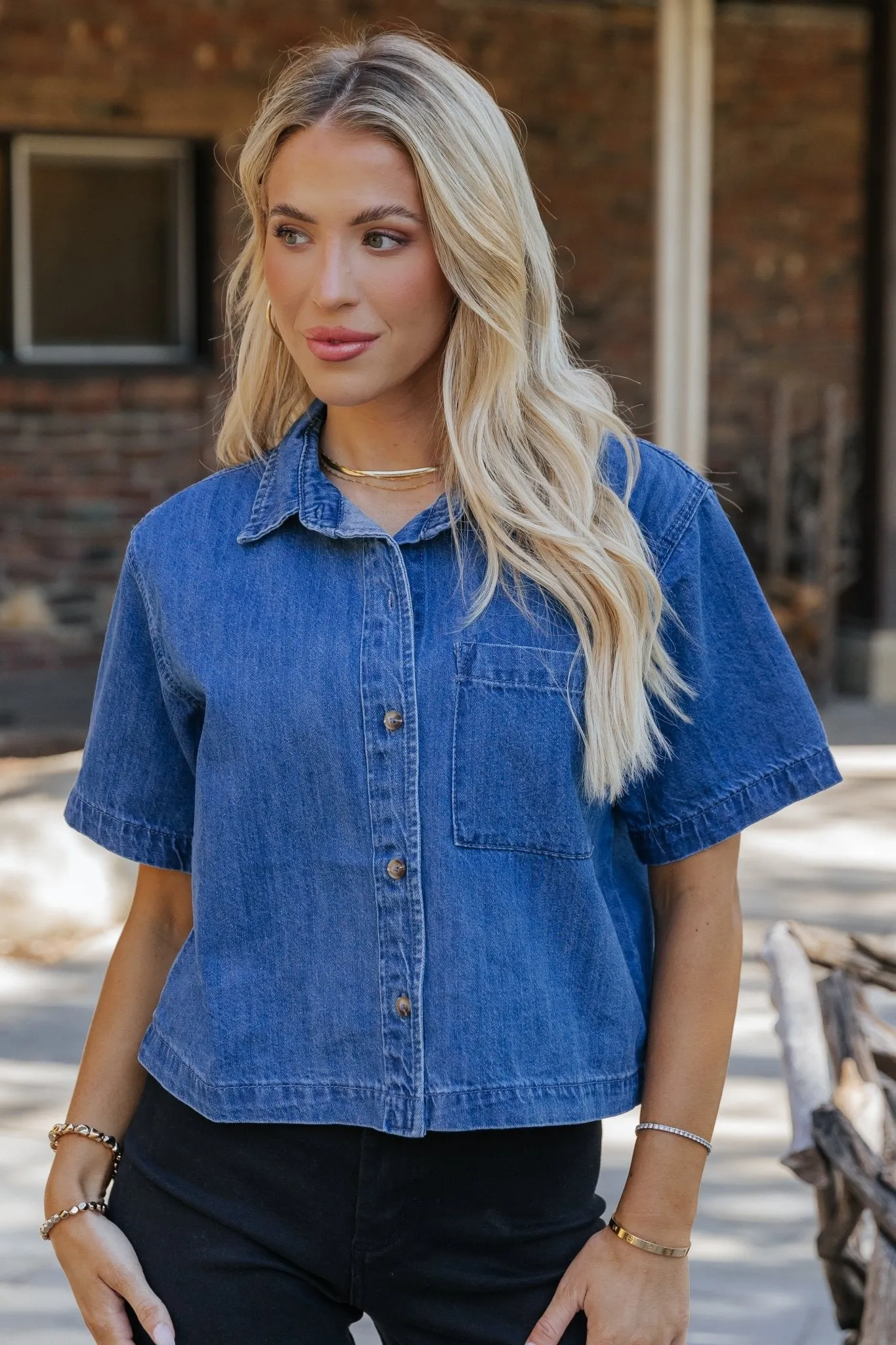 Denim Short Sleeve Button Up Shirt - FINAL SALE