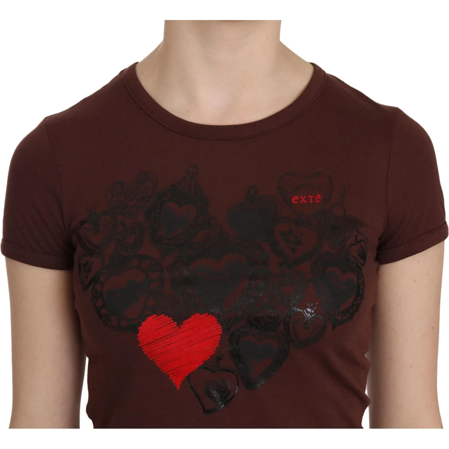 Exte Chic Brown Heart Print Crew Neck Top