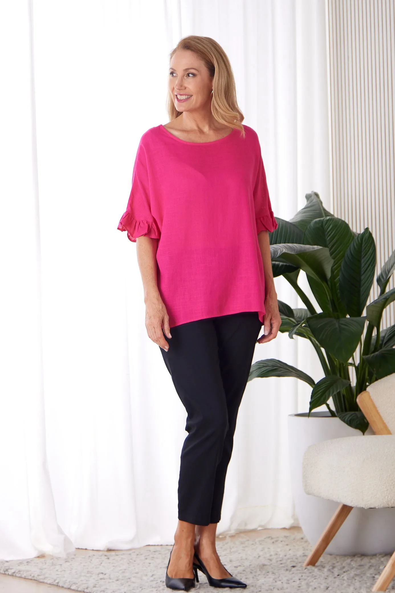 Farrah Linen Top - Hot Pink