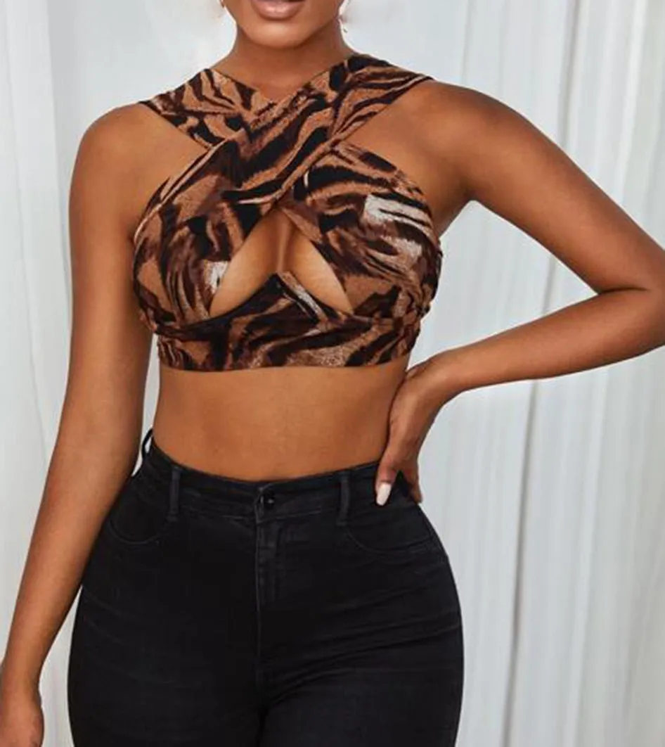 Free  Shipping Cross Wrap Sleeveless Cut-Out Front Crop Top