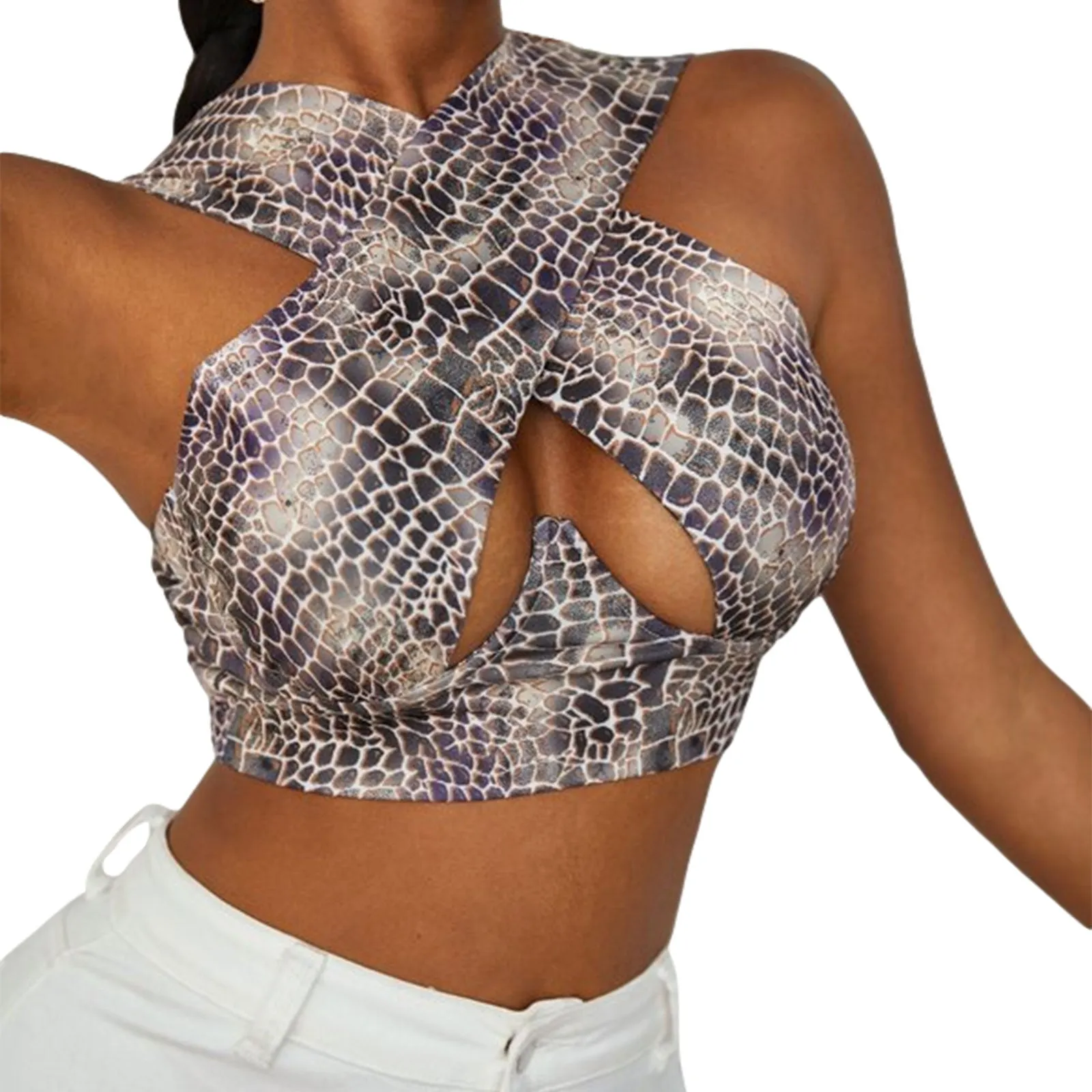 Free  Shipping Cross Wrap Sleeveless Cut-Out Front Crop Top