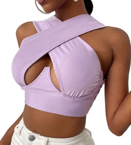 Free  Shipping Cross Wrap Sleeveless Cut-Out Front Crop Top