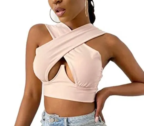 Free  Shipping Cross Wrap Sleeveless Cut-Out Front Crop Top