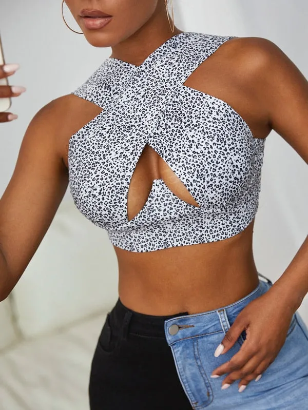 Free  Shipping Cross Wrap Sleeveless Cut-Out Front Crop Top