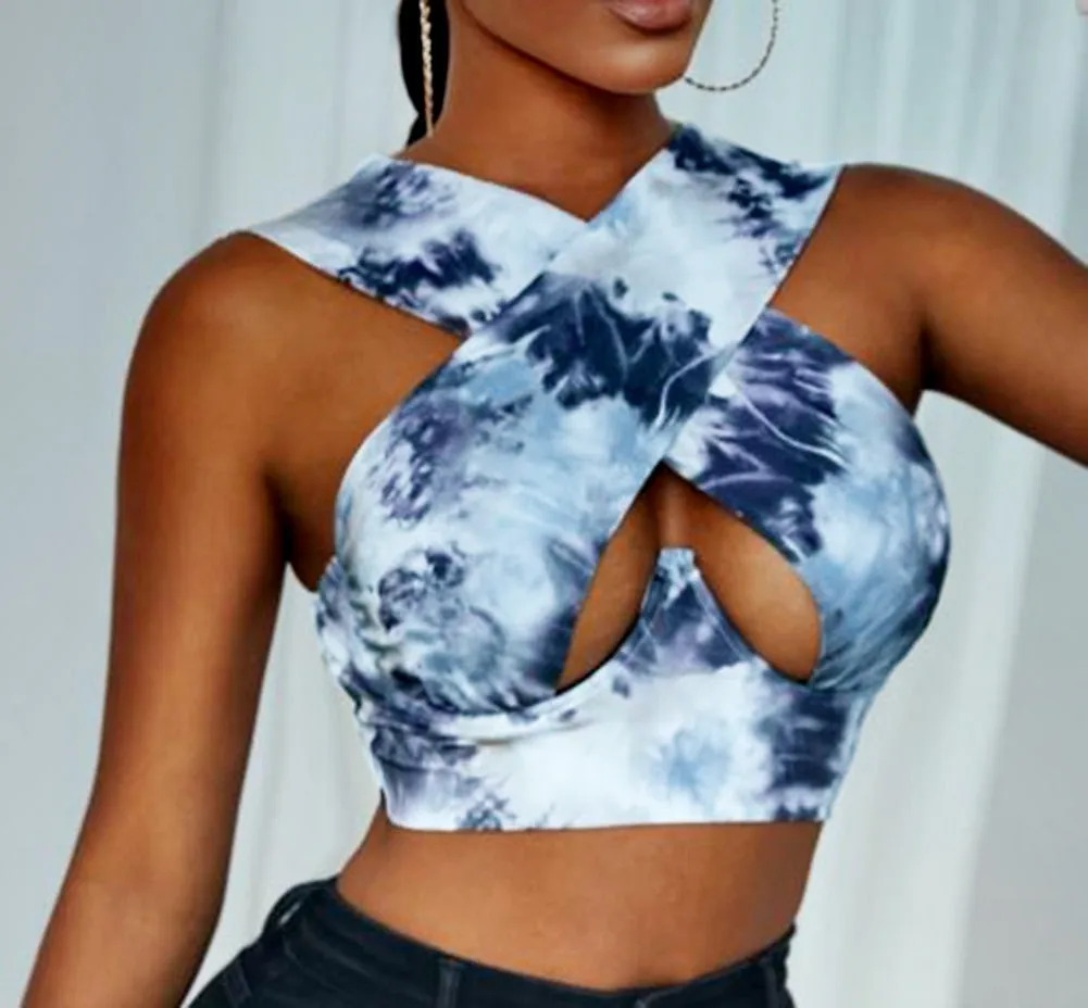 Free  Shipping Cross Wrap Sleeveless Cut-Out Front Crop Top