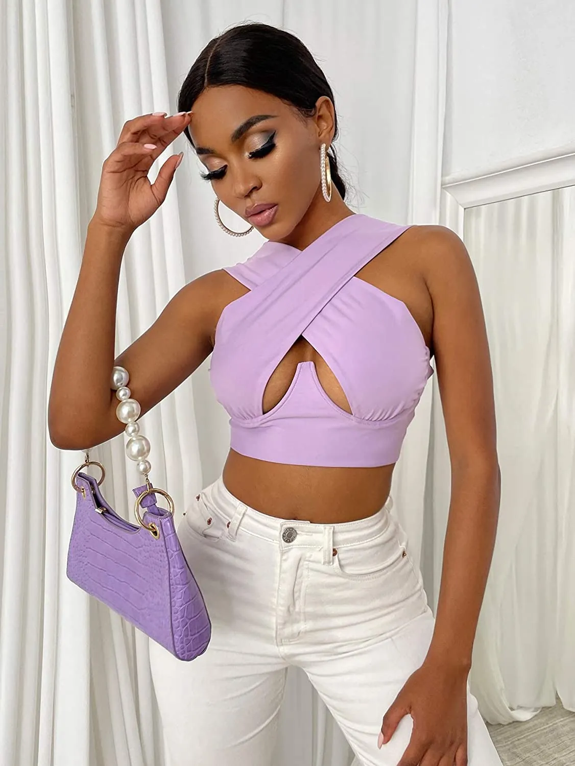 Free  Shipping Cross Wrap Sleeveless Cut-Out Front Crop Top