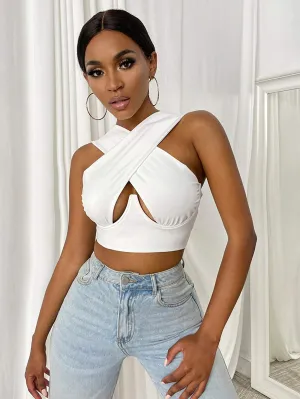 Free  Shipping Cross Wrap Sleeveless Cut-Out Front Crop Top