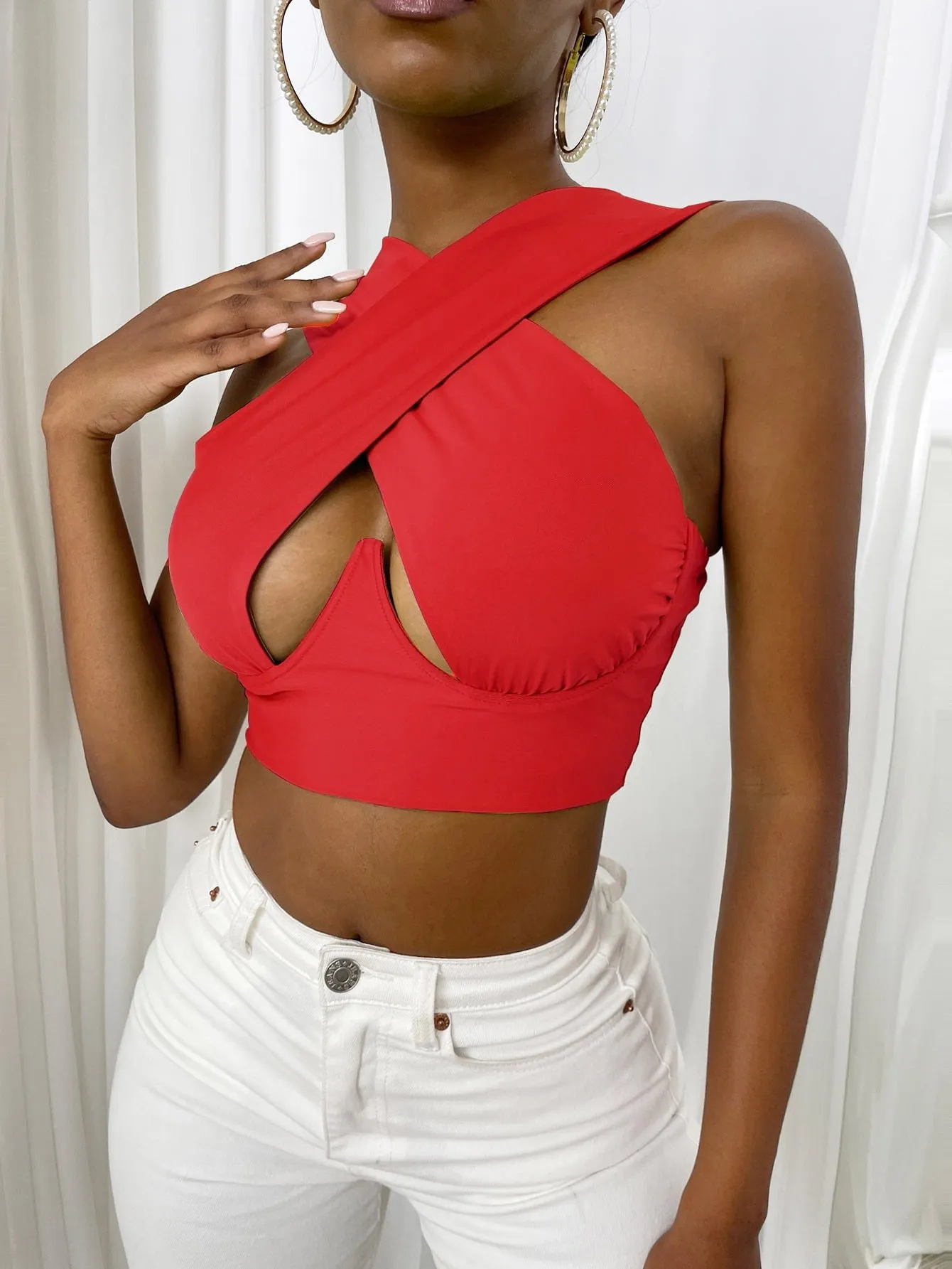 Free  Shipping Cross Wrap Sleeveless Cut-Out Front Crop Top