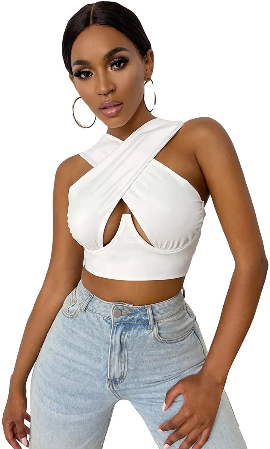 Free  Shipping Cross Wrap Sleeveless Cut-Out Front Crop Top