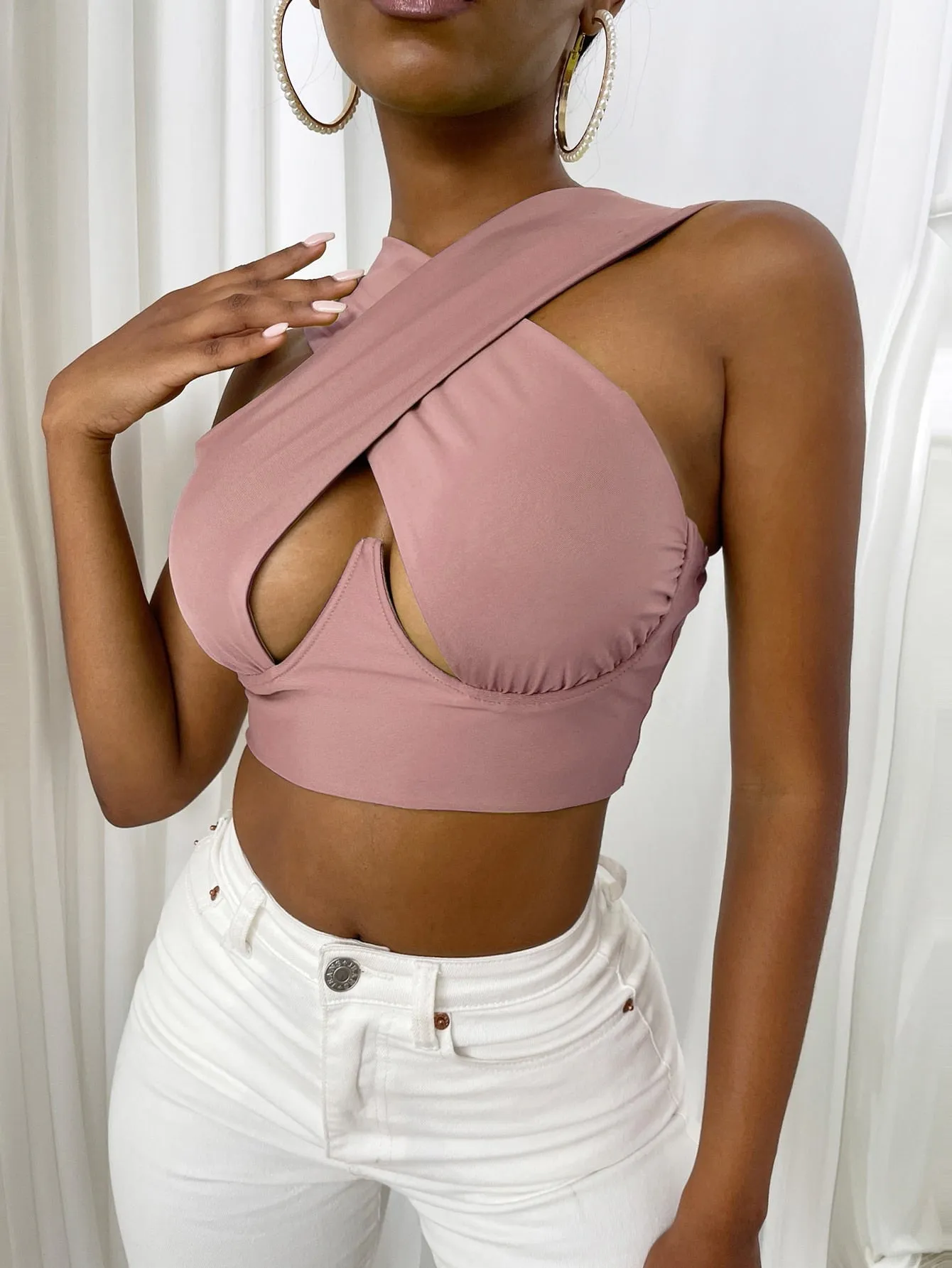 Free  Shipping Cross Wrap Sleeveless Cut-Out Front Crop Top