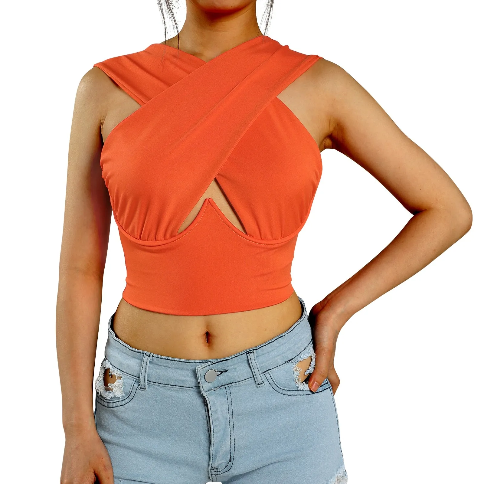 Free  Shipping Cross Wrap Sleeveless Cut-Out Front Crop Top